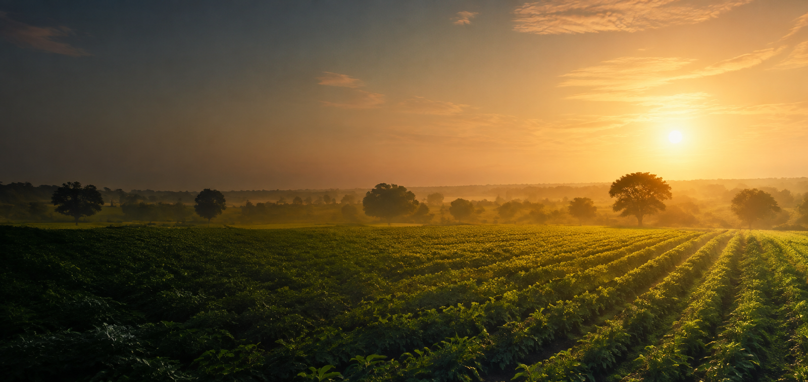 Green farm crops at a golden sunrise