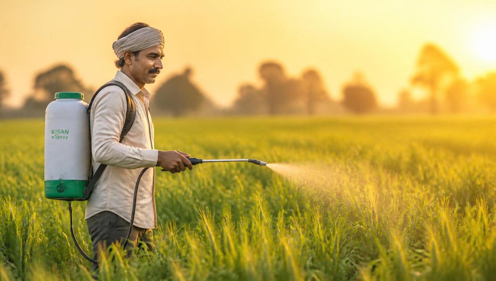 Farmer spraying a green wheat field with a battery knapsack sprayer at sunrise